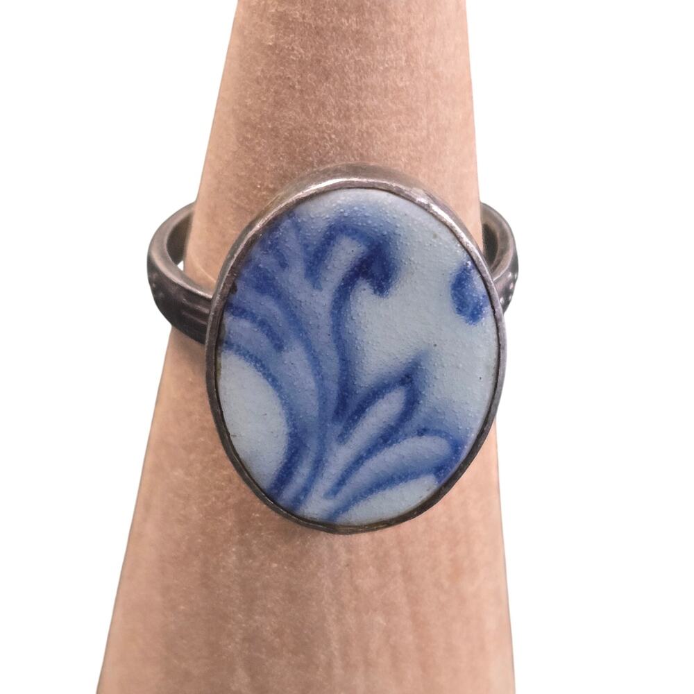 Vintage Blue, White Porcelain Sterling Silver Ring Adjustable